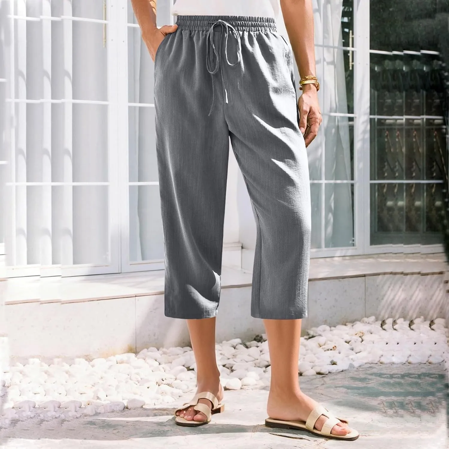 ADHOWBEW Women Capri Pants Cotton Casual Trendy High Waist Summer Comfy Wide Leg Flowy Lounge Bottoms with Pockets