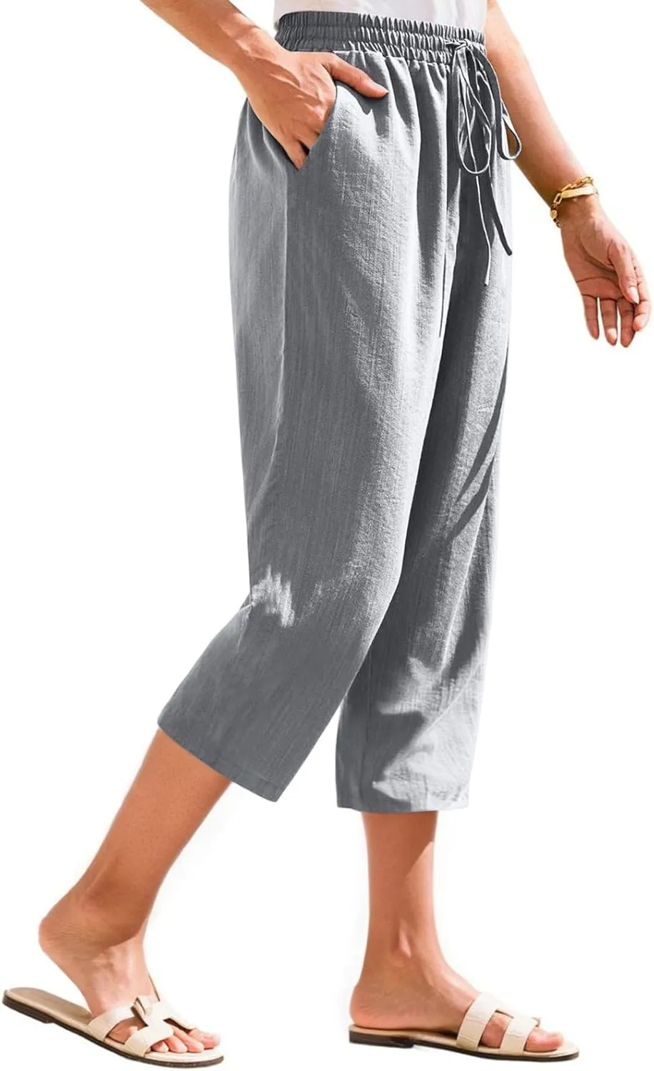 ADHOWBEW Women Capri Pants Cotton Casual Trendy High Waist Summer Comfy Wide Leg Flowy Lounge Bottoms with Pockets