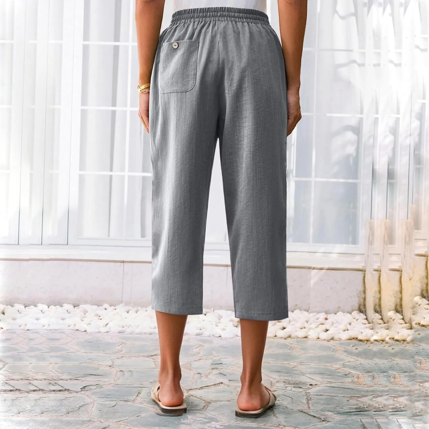 ADHOWBEW Women Capri Pants Cotton Casual Trendy High Waist Summer Comfy Wide Leg Flowy Lounge Bottoms with Pockets