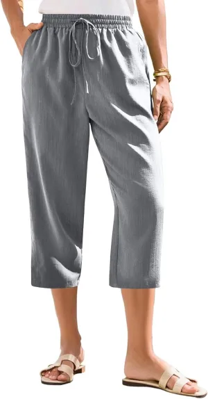 ADHOWBEW Women Capri Pants Cotton Casual Trendy High Waist Summer Comfy Wide Leg Flowy Lounge Bottoms with Pockets