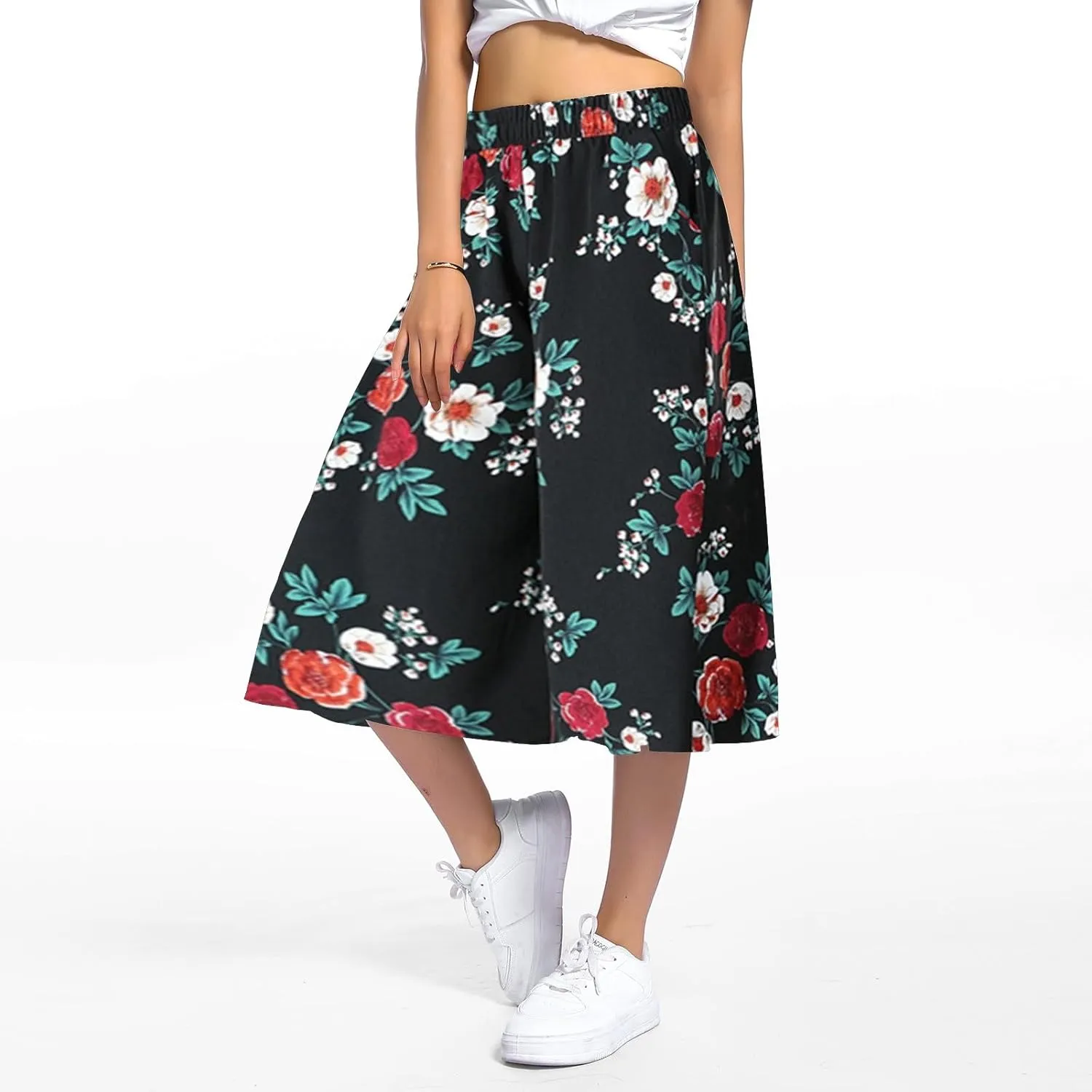 Casual Dress Pants for Women Loose Fit High Waisted Floral Print Pant Wide Leg Elastic Waist Trousers with Pockets