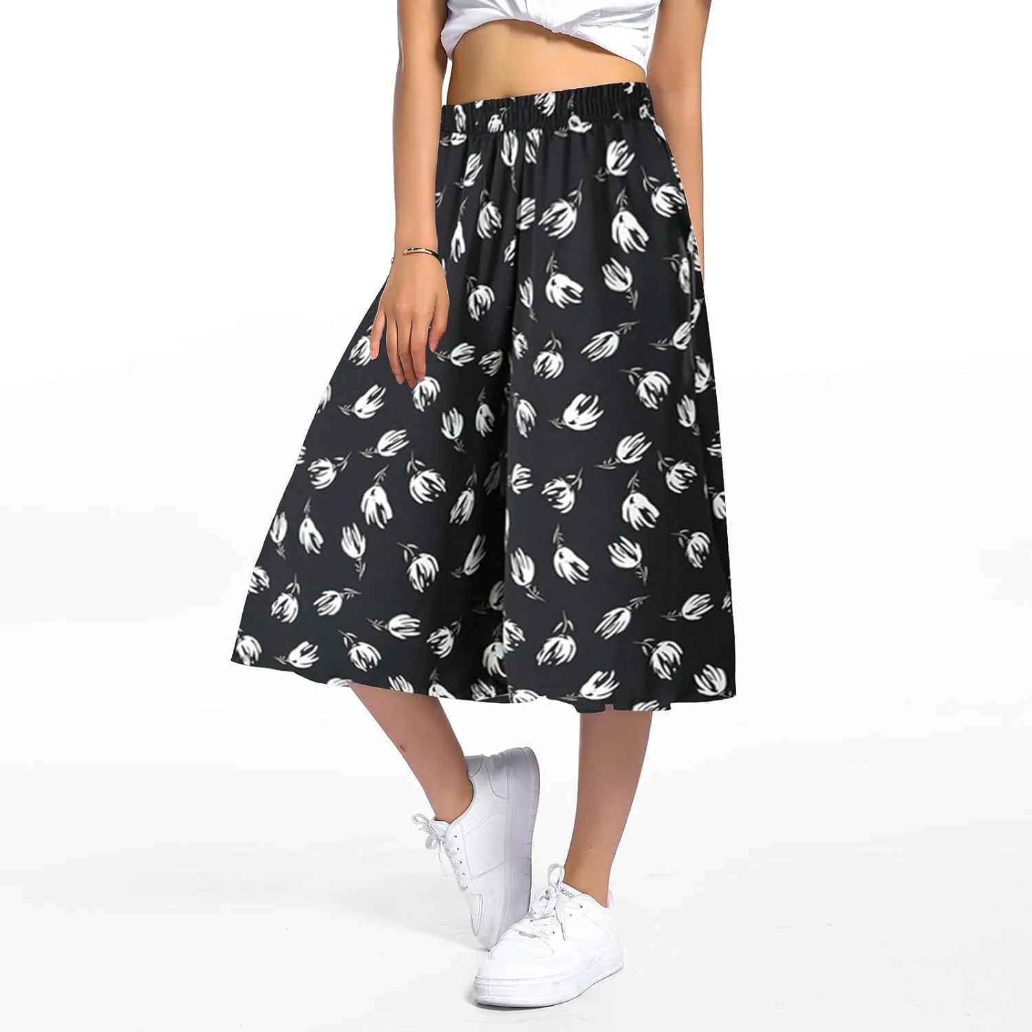 Casual Dress Pants for Women Loose Fit High Waisted Floral Print Pant Wide Leg Elastic Waist Trousers with Pockets