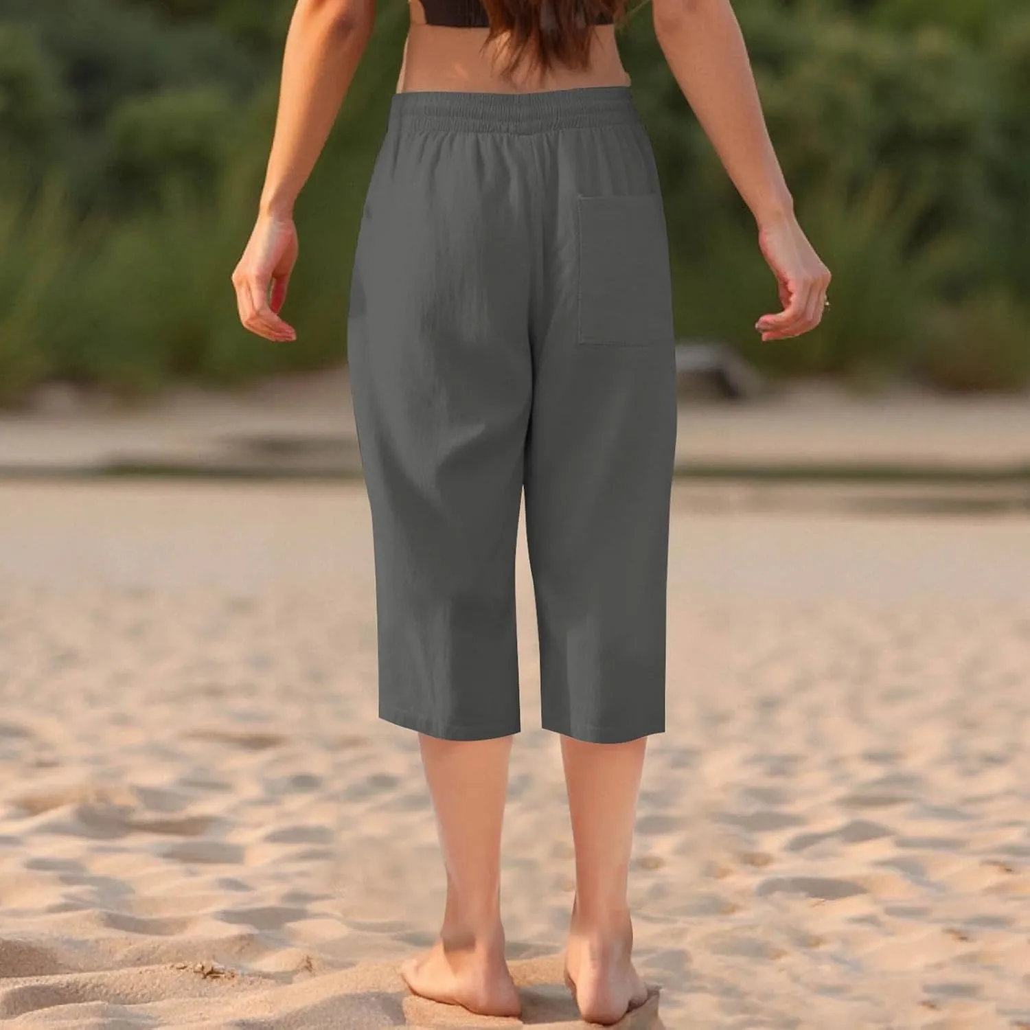 Cotton Linen Cropped Trousers Women Solid Color Wide Leg Capri Pants Elastic Waist Trouser Summer Casual Capris Pant