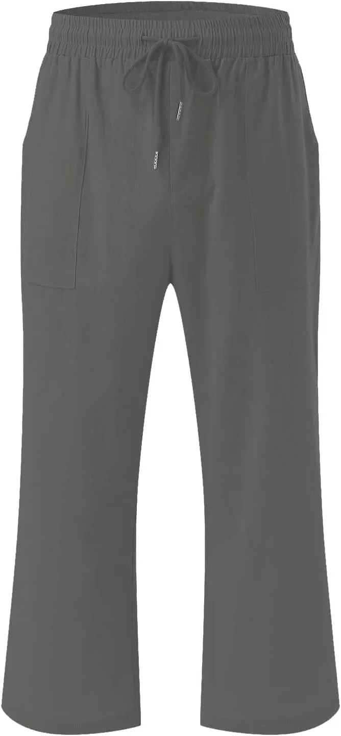 Cotton Linen Cropped Trousers Women Solid Color Wide Leg Capri Pants Elastic Waist Trouser Summer Casual Capris Pant