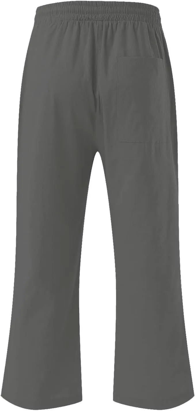 Cotton Linen Cropped Trousers Women Solid Color Wide Leg Capri Pants Elastic Waist Trouser Summer Casual Capris Pant