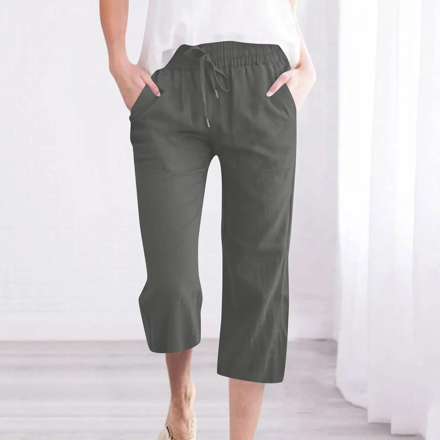 Cotton Linen Cropped Trousers Women Solid Color Wide Leg Capri Pants Elastic Waist Trouser Summer Casual Capris Pant