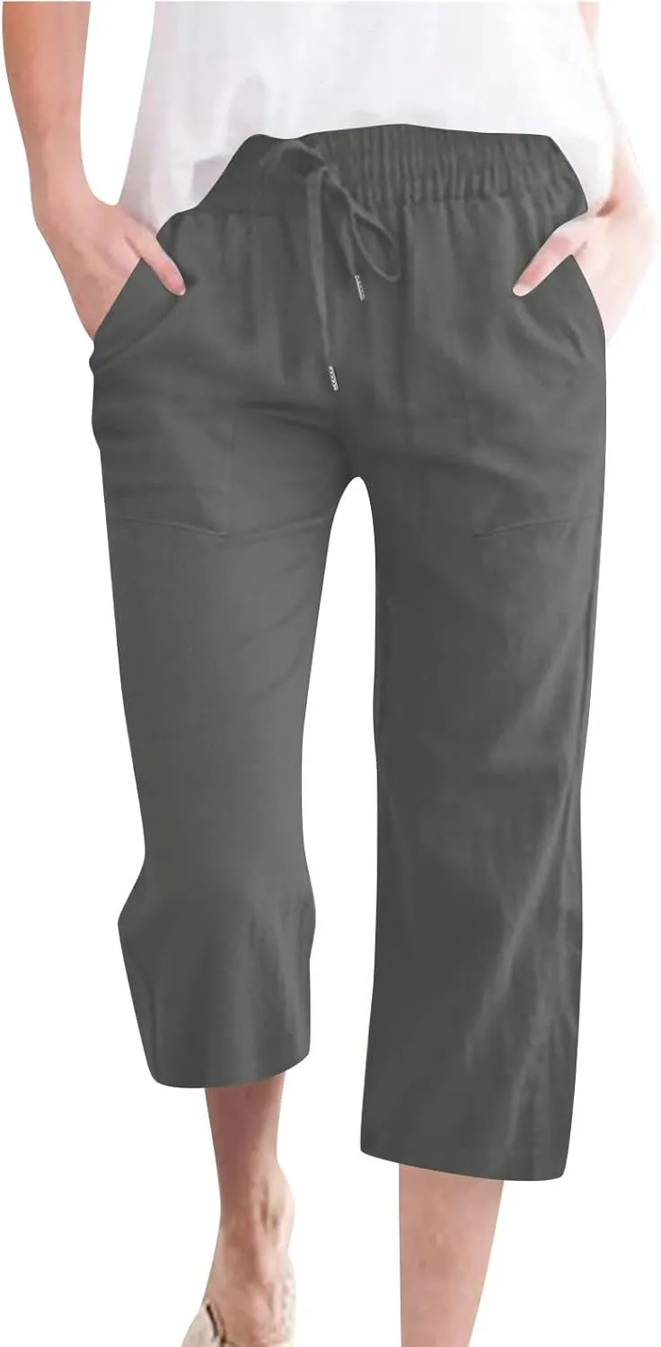 Cotton Linen Cropped Trousers Women Solid Color Wide Leg Capri Pants Elastic Waist Trouser Summer Casual Capris Pant