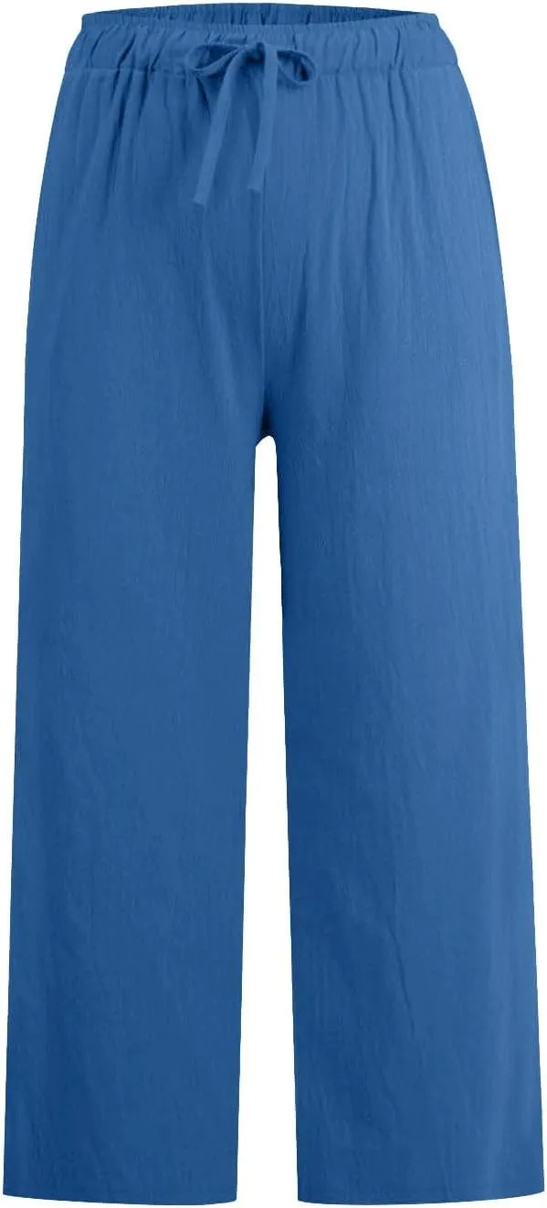 Cropped Cotton Linen Trousers Women Plain Straight Leg Capri Pants Summer Baggy Pant Casual Bottoms with Pockets S-3XL