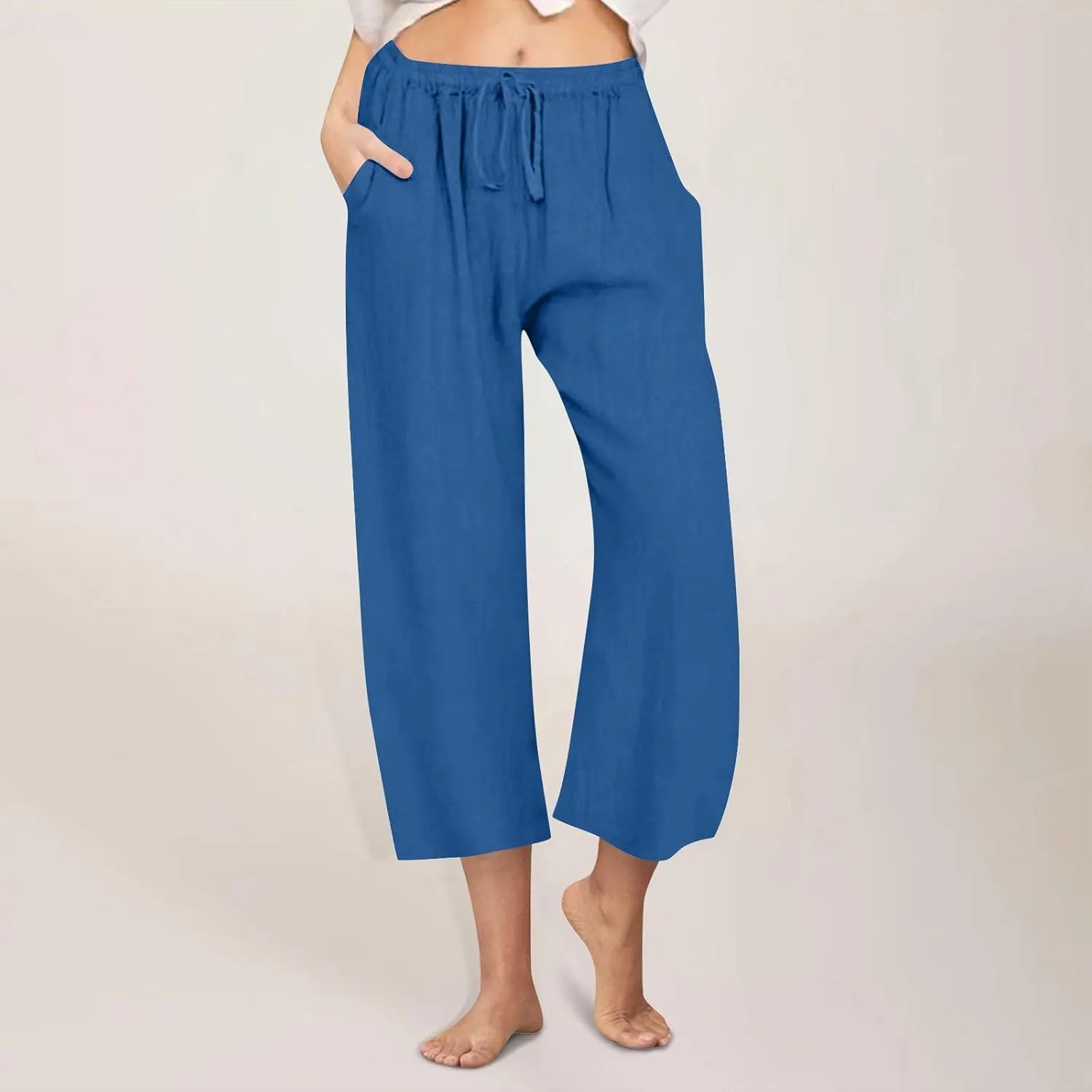 Cropped Cotton Linen Trousers Women Plain Straight Leg Capri Pants Summer Baggy Pant Casual Bottoms with Pockets S-3XL