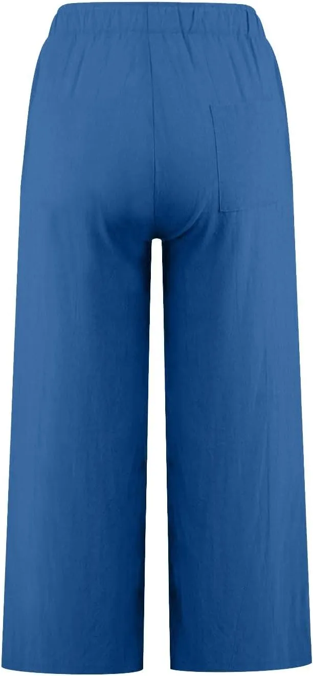 Cropped Cotton Linen Trousers Women Plain Straight Leg Capri Pants Summer Baggy Pant Casual Bottoms with Pockets S-3XL