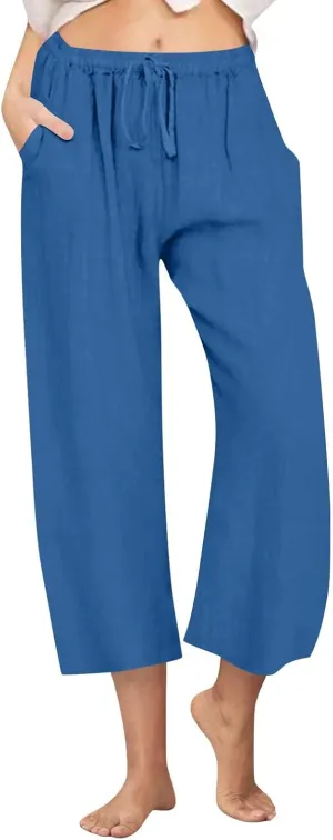 Cropped Cotton Linen Trousers Women Plain Straight Leg Capri Pants Summer Baggy Pant Casual Bottoms with Pockets S-3XL