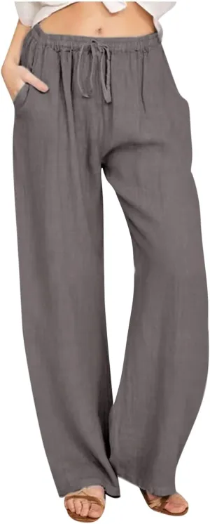 MRGIINRI Warehouse Clearance, Linen Pants for Women Summer 2024 Casual Drawstring Elastic Waist Long Wide Leg Pant Lounge Trousers with Pockets