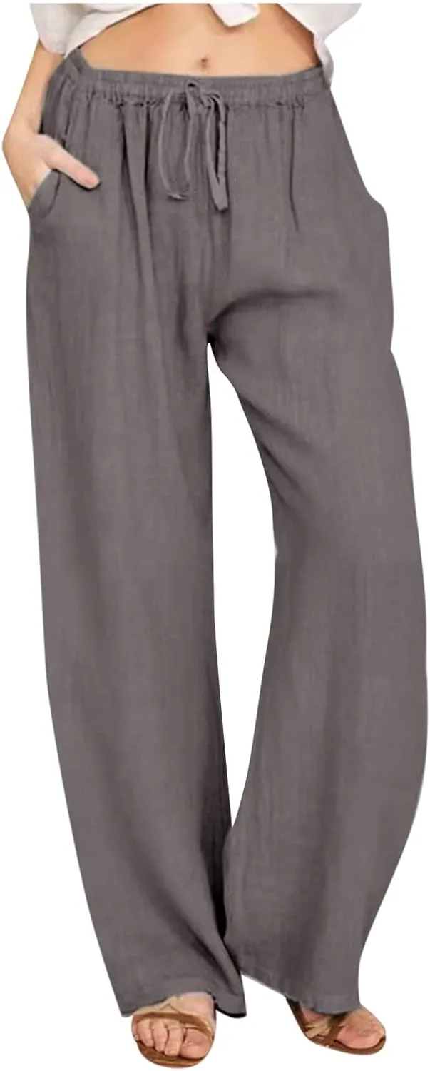 MRGIINRI Warehouse Clearance, Linen Pants for Women Summer 2024 Casual Drawstring Elastic Waist Long Wide Leg Pant Lounge Trousers with Pockets