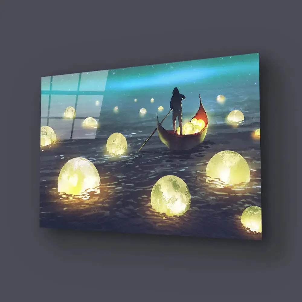 Night Scenery Man Rowing Boat Among Many Glowing Moons Floating Sea Glass Wall Art
