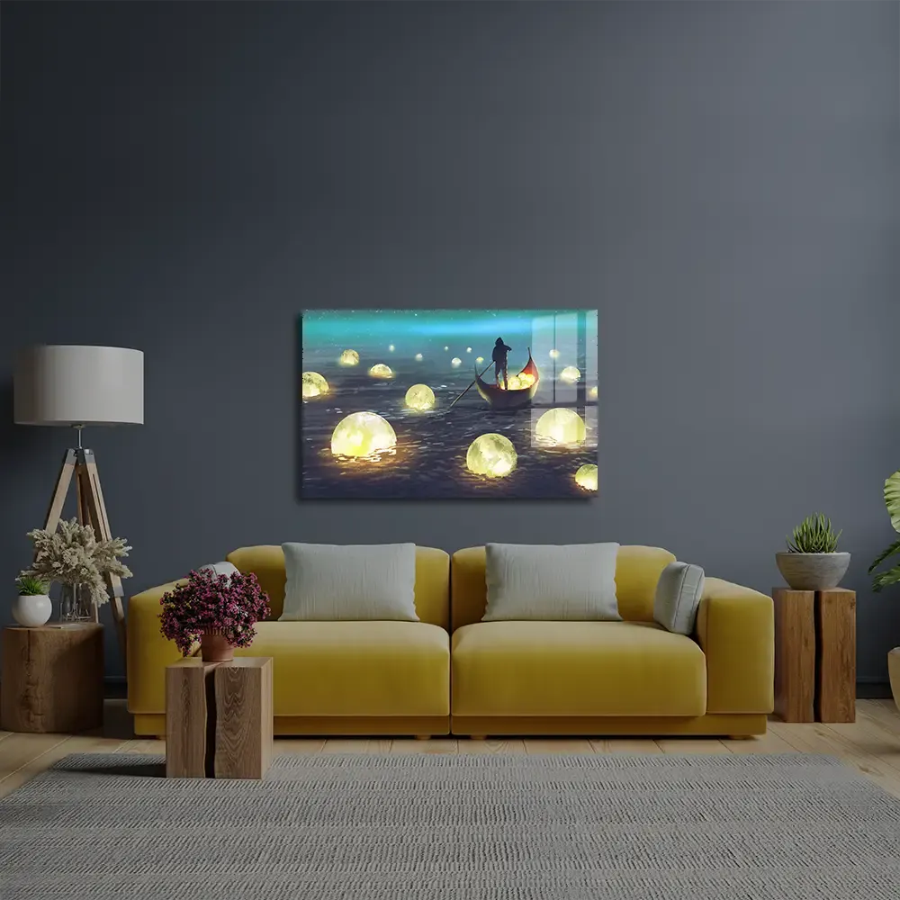 Night Scenery Man Rowing Boat Among Many Glowing Moons Floating Sea Glass Wall Art