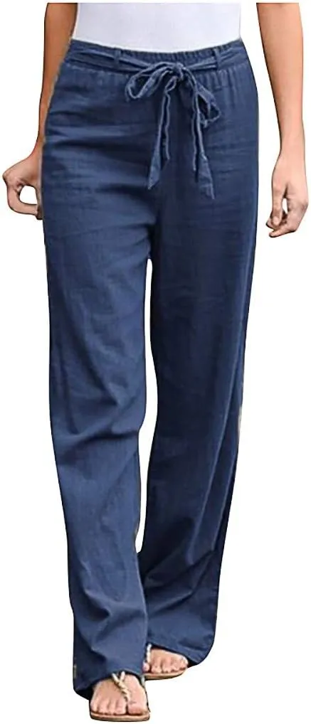 niuwa Women Cotton Linen Trousers Summer Solid Color Wide Leg Pants Elastic Waist Loose Lounge Pants Sweatpants (Blue, S)
