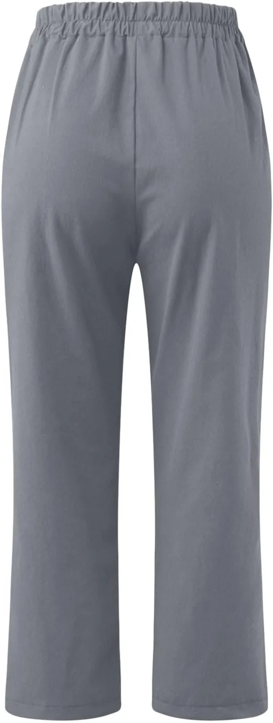 Womens Cotton Linen Capri Pants Straight Leg High Waist Trousers Summer Solid Color Pant Loose Bottoms with Pockets