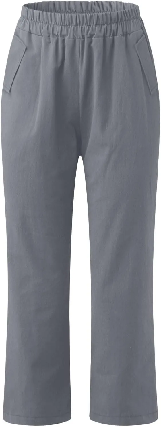 Womens Cotton Linen Capri Pants Straight Leg High Waist Trousers Summer Solid Color Pant Loose Bottoms with Pockets