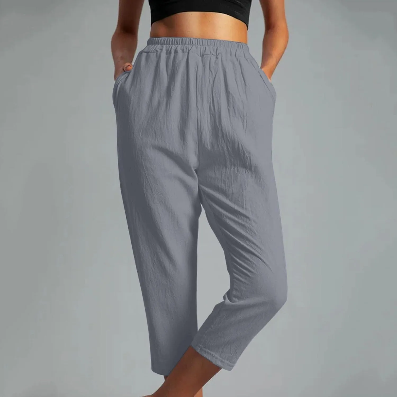 Womens Cotton Linen Capri Pants Straight Leg High Waist Trousers Summer Solid Color Pant Loose Bottoms with Pockets