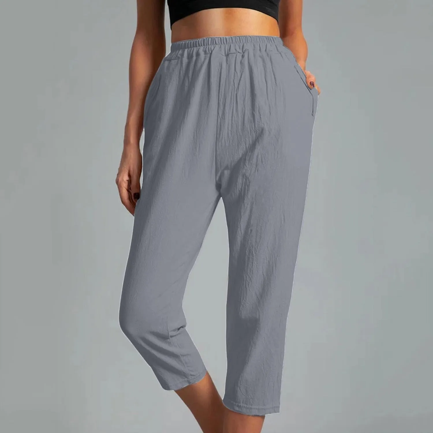 Womens Cotton Linen Capri Pants Straight Leg High Waist Trousers Summer Solid Color Pant Loose Bottoms with Pockets