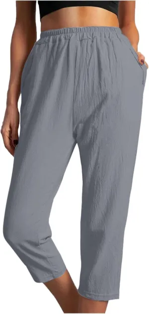 Womens Cotton Linen Capri Pants Straight Leg High Waist Trousers Summer Solid Color Pant Loose Bottoms with Pockets