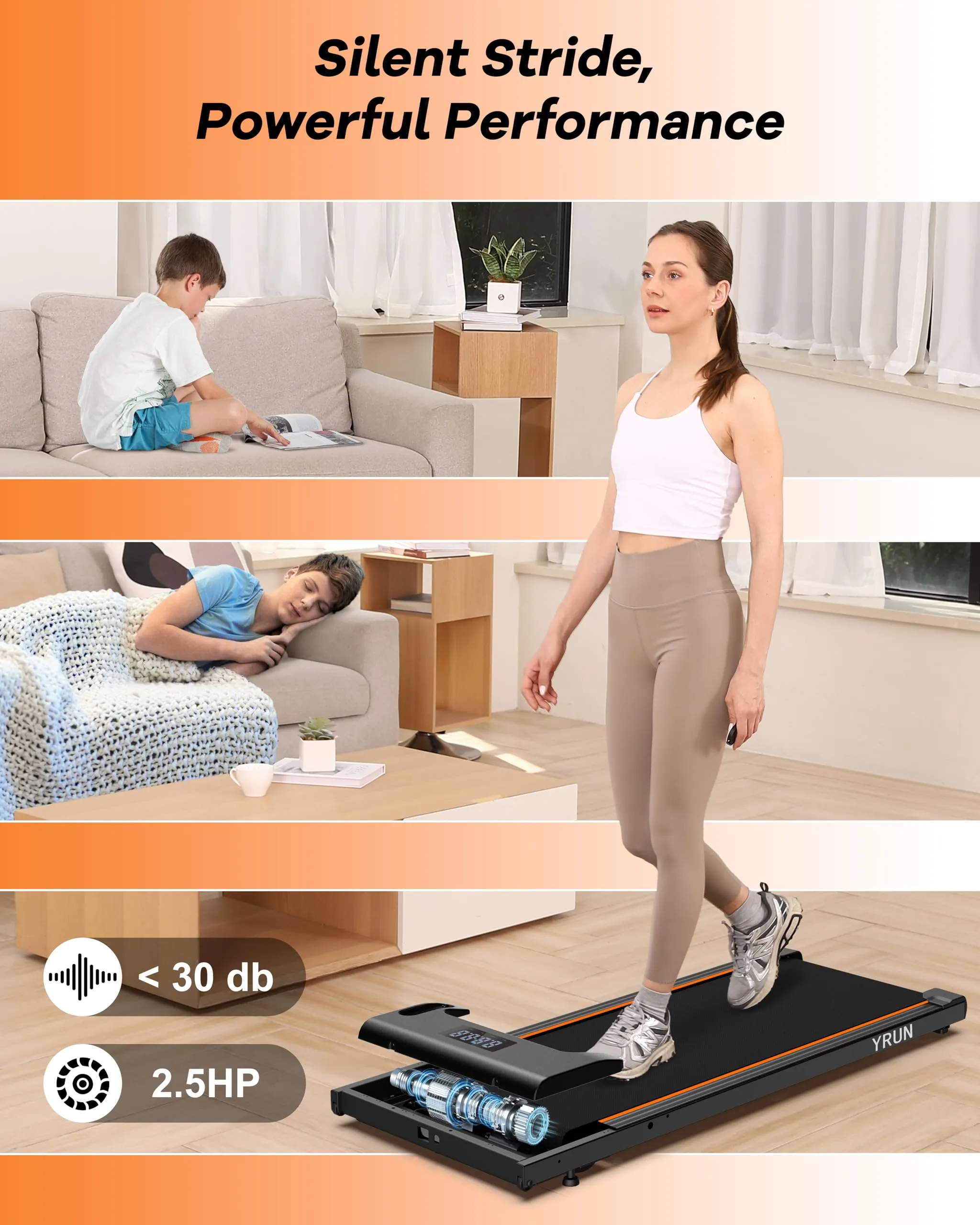 YRUN Walking Pad Under Desk Treadmill for Home and Office, Portable Small Treadmill 2.5HP Super Quiet Brushless Motorized Walking Jogging Running Machine with Remote Control