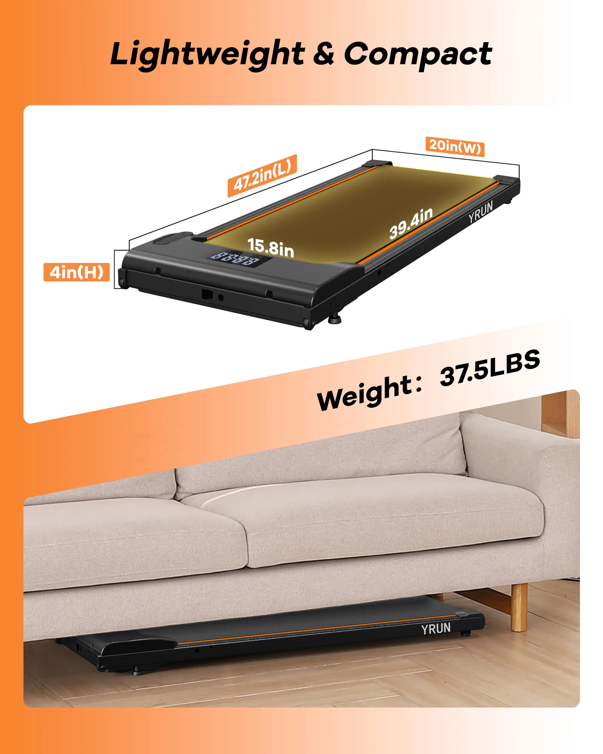 YRUN Walking Pad Under Desk Treadmill for Home and Office, Portable Small Treadmill 2.5HP Super Quiet Brushless Motorized Walking Jogging Running Machine with Remote Control